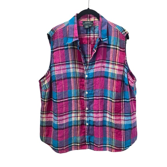 Ralph Lauren Pink and Blue Plaid Linen Button Down Sleeveless Shirt size 2X - Picture 1 of 4